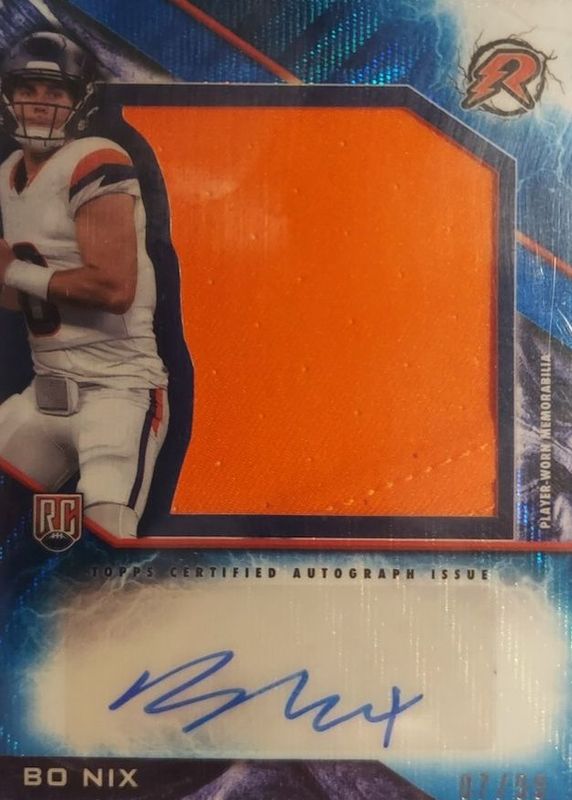 Bo Nix 2024 Topps Resurgence #RPA-BN Resurgence Rookie Patch Autographs - Blue Surge Refractor /99 RAW