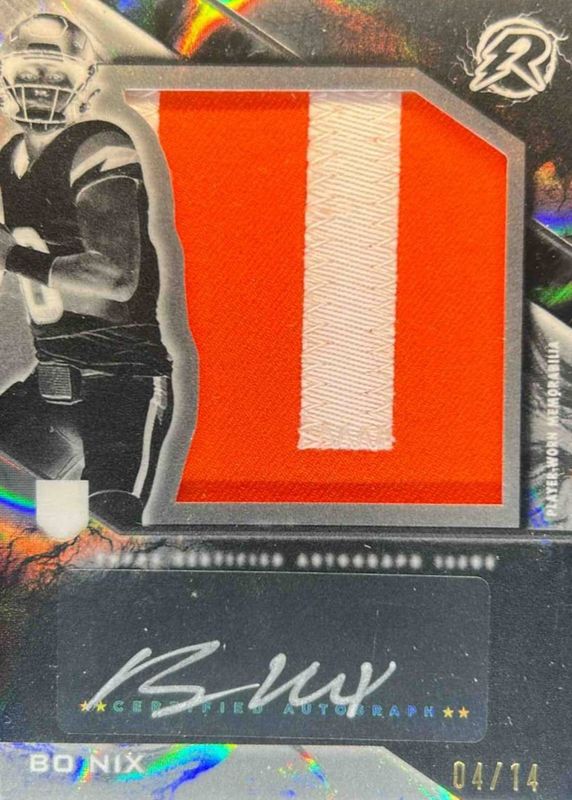 Bo Nix 2024 Topps Resurgence #RPA-BN Resurgence Rookie Patch Autographs - Electron Refractor /14 RAW
