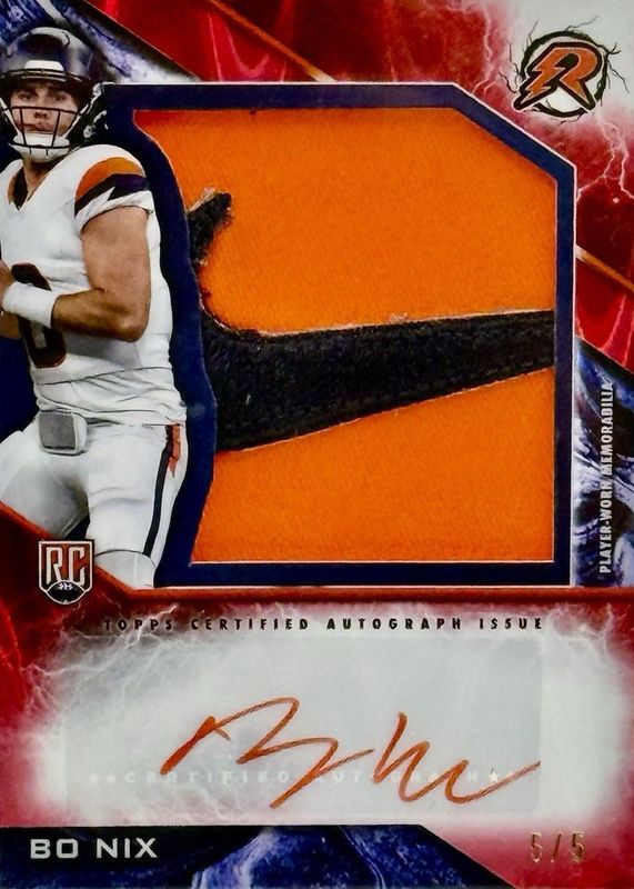 Bo Nix 2024 Topps Resurgence #RPA-BN Resurgence Rookie Patch Autographs - Red Power Surge Refractor /5 RAW