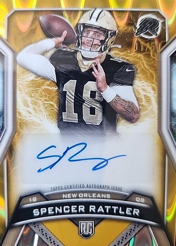 Spencer Rattler 2024 Topps Resurgence #RRS-SR Resurgence Rookie Signatures - Gold Power Surge Refractor /50 RAW