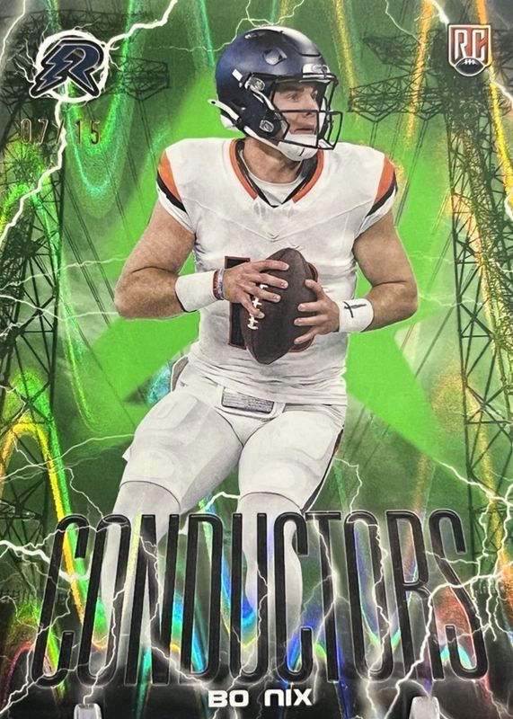 Bo Nix 2024 Topps Resurgence #C-8 Conductors - Lime Green Power Surge Refractor /15 Rookie RAW