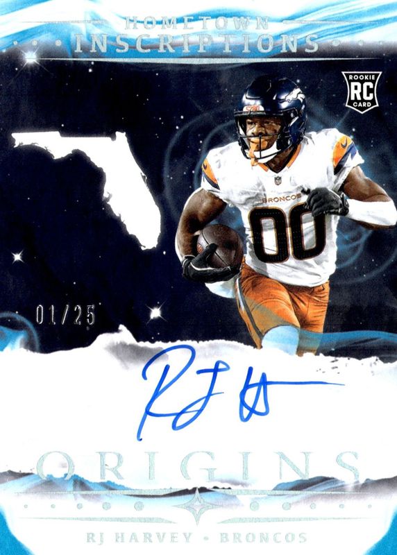 RJ Harvey 2025 Origins #HI-19 Hometown Inscriptions - Turquoise /25 Rookie RAW