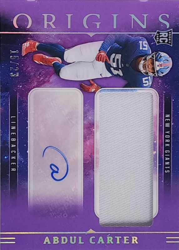 Abdul Carter 2025 Origins #RJJ-ACR Rookie Jumbo Patch Autographs - Purple /23 RAW