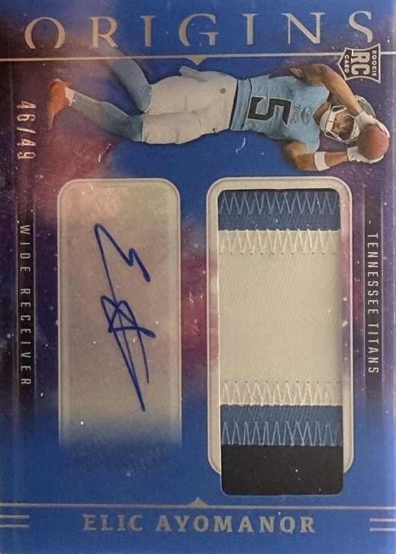 Elic Ayomanor 2025 Origins #RJJ-EAR Rookie Jumbo Patch Autographs - Blue /49 RAW