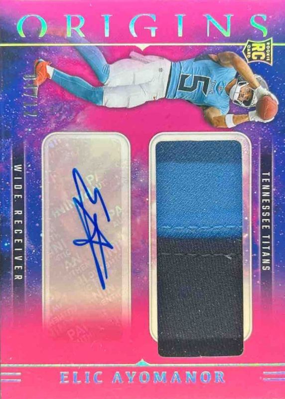 Elic Ayomanor 2025 Origins #RJJ-EAR Rookie Jumbo Patch Autographs - Pink /12 RAW