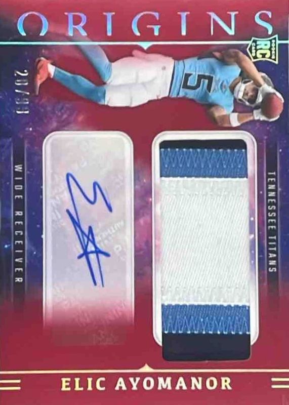 Elic Ayomanor 2025 Origins #RJJ-EAR Rookie Jumbo Patch Autographs - Red /99 RAW
