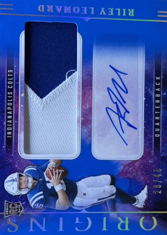 Riley Leonard 2025 Origins #RJJ-RLD Rookie Jumbo Patch Autographs - Blue /49 RAW