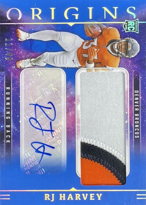 RJ Harvey 2025 Origins #RJJ-RHY Rookie Jumbo Patch Autographs - Blue /49 RAW