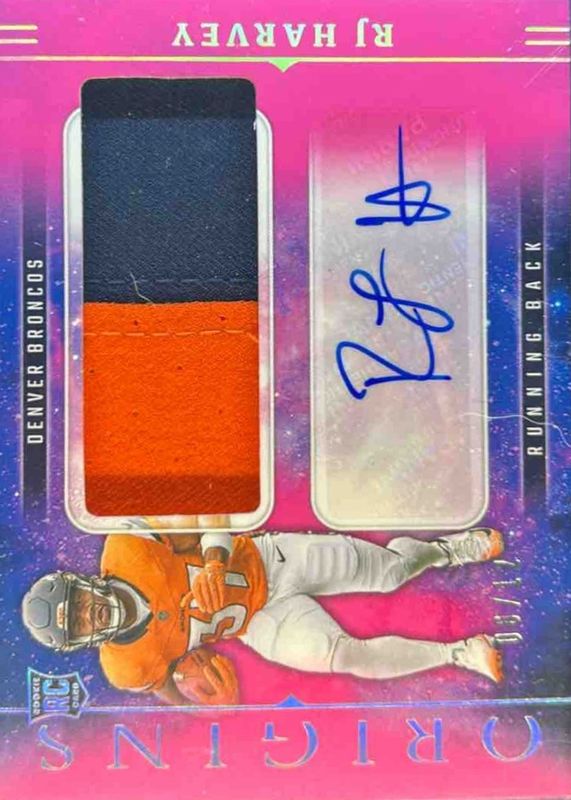 RJ Harvey 2025 Origins #RJJ-RHY Rookie Jumbo Patch Autographs - Pink /12 RAW