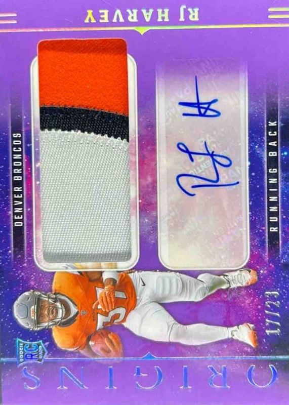RJ Harvey 2025 Origins #RJJ-RHY Rookie Jumbo Patch Autographs - Purple /23 RAW