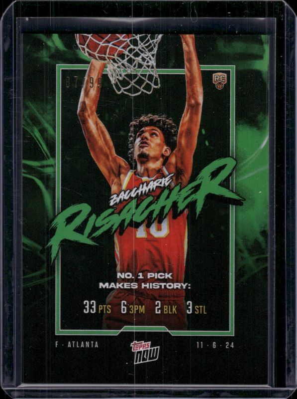 Zaccharie Risacher 2024 Topps Now #5 Green /99 Rookie RAW