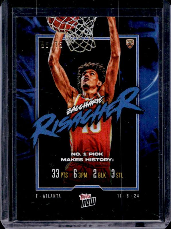 Zaccharie Risacher 2024 Topps Now #5 Blue /49 Rookie RAW