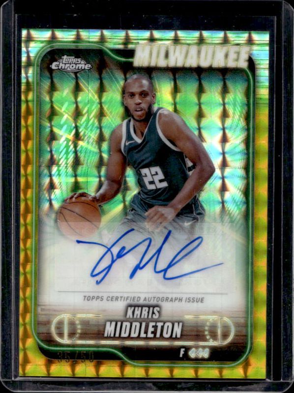Khris Middleton 2024 Topps Chrome #TCA-KM Chrome Autographs - Gold Geometric Refractor /50 RAW