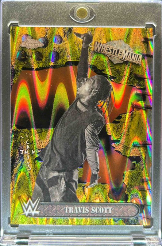 Travis Scott 2025 Topps Chrome WWE Cactus Jack x Wrestlemania #100 Gold Ray Wave Refractor /50 RAW