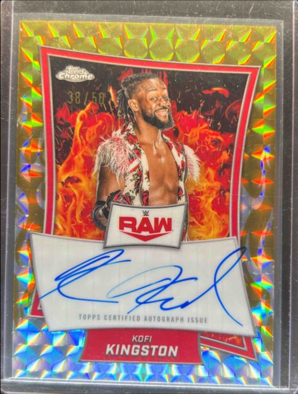 Kofi Kingston 2025 Topps Chrome WWE #RBA-KOF Red Brand Autographs - Gold Geometric Refractor /50 RAW