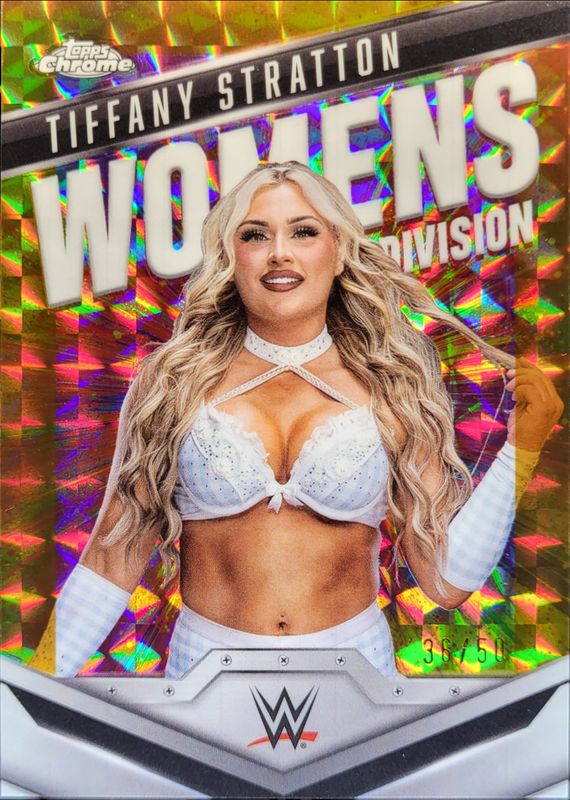Tiffany Stratton 2025 Topps Chrome WWE #WD-TIF Women's Division - Gold Geometric Refractor /50 RAW