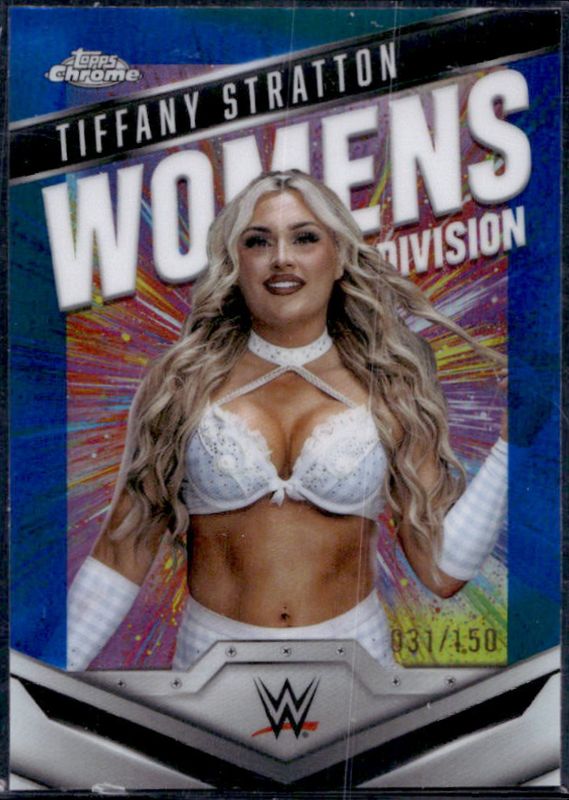 Tiffany Stratton 2025 Topps Chrome WWE #WD-TIF Women's Division - Blue Refractor /150 RAW