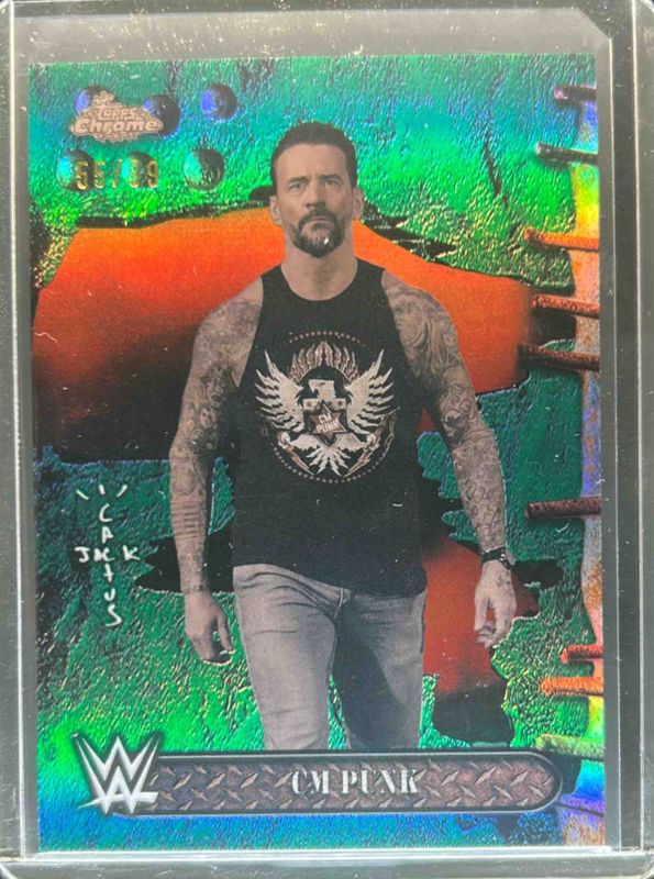 CM Punk 2025 Topps Chrome WWE x Cactus Jack #8 Green Refractor /99 RAW