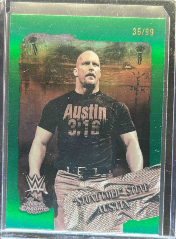 Steve Austin 2025 Topps Chrome WWE x Cactus Jack #RDR-1 Rodeo Rebels - Green Refractor /75 RAW