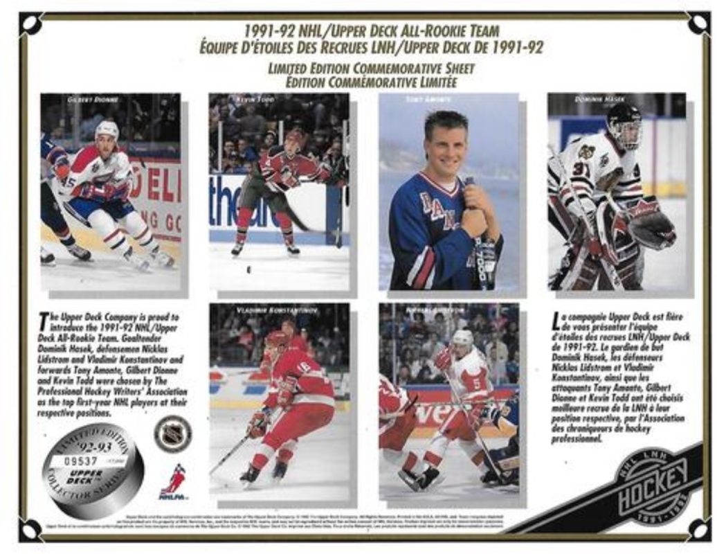 Dominik Hasek / Gilbert Dionne / Kevin Todd / Tony Amonte / Vladimir Konstantinov 1992 Upper Deck Promotional Sheets Base /46557 RAW