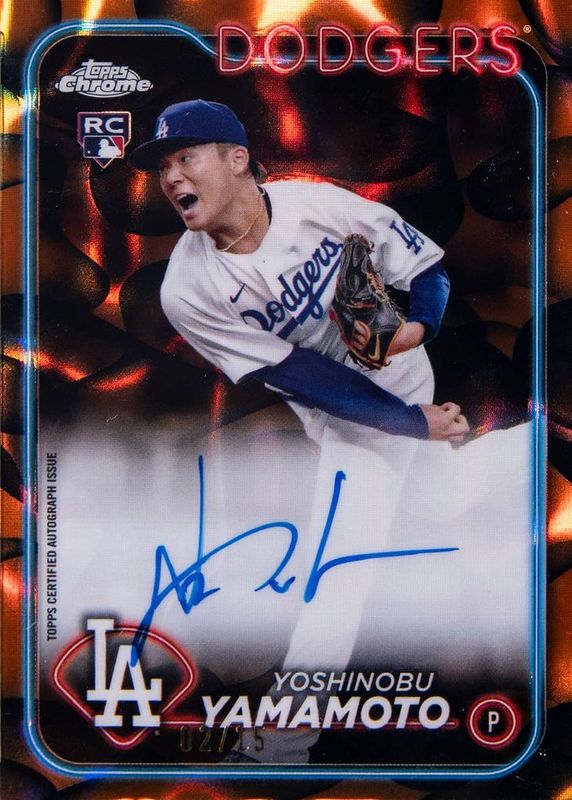Yoshinobu Yamamoto 2024 Topps Chrome Update #RA-YY Autographs - Orange & Black Lava Lamp Refractor /15 Rookie RAW