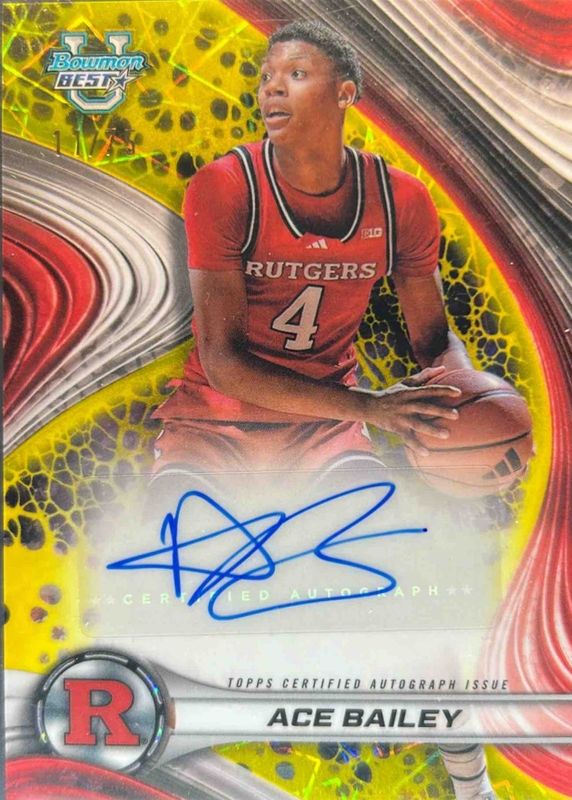 Ace Bailey 2024 Bowman Best University #B24-AB Best of 2024 Autographs - Yellow Lazer Refractor /75 RAW