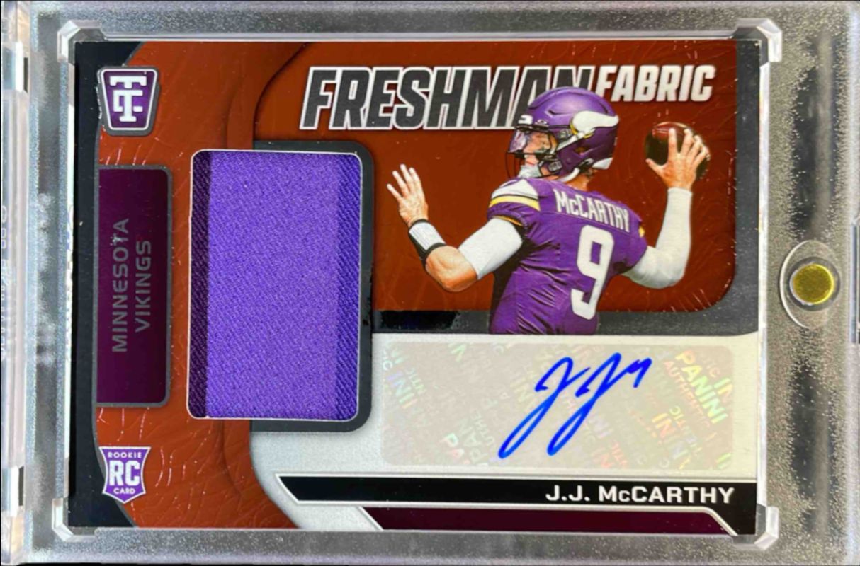 JJ McCarthy 2024 Totally Certified #1 Freshman Fabric Signatures - Mirror Red /100 Rookie RAW
