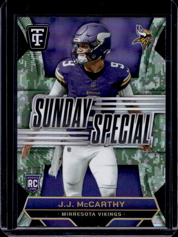 JJ McCarthy 2024 Totally Certified #24 Sunday Special Platinum Camo /35 Rookie RAW