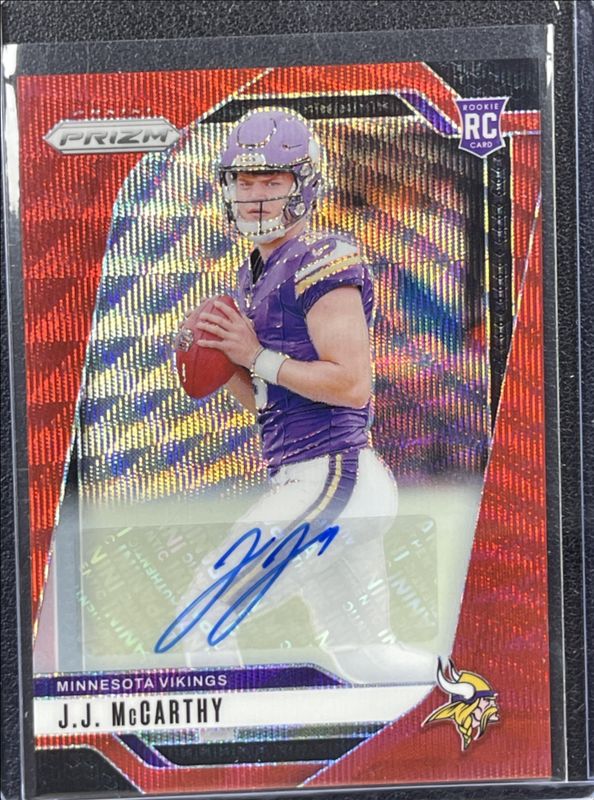 JJ McCarthy 2024 Prizm #400 Base Autographs - Red Wave /149 Rookie RAW
