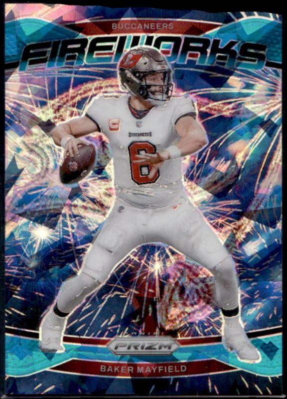 Baker Mayfield 2024 Prizm #6 Fireworks - Blue Ice /99 RAW