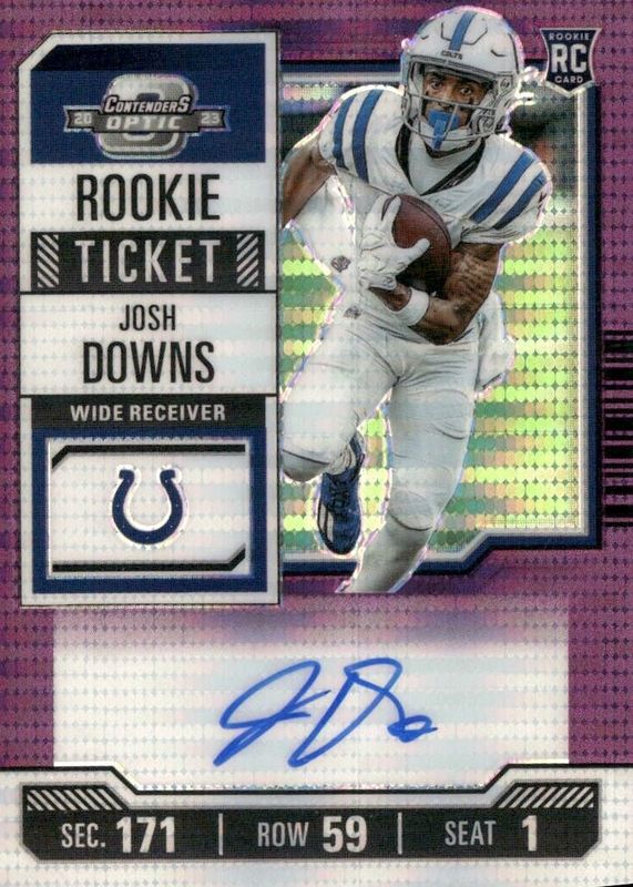 Josh Downs 2023 Contenders Optic #121 Rookie Ticket Auto - Purple Pulsar /21 RAW