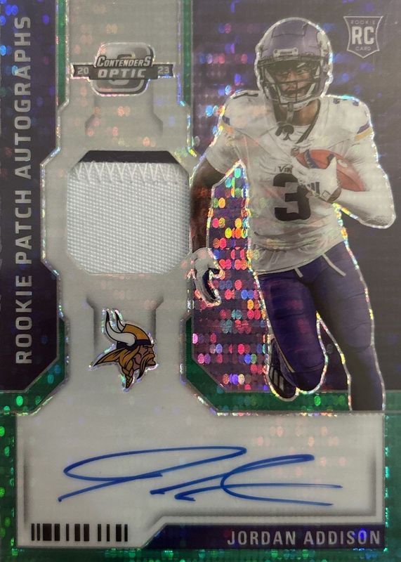Jordan Addison 2023 Contenders Optic #RPA-JA Rookie Patch Auto - Green Pulsar /15 RAW