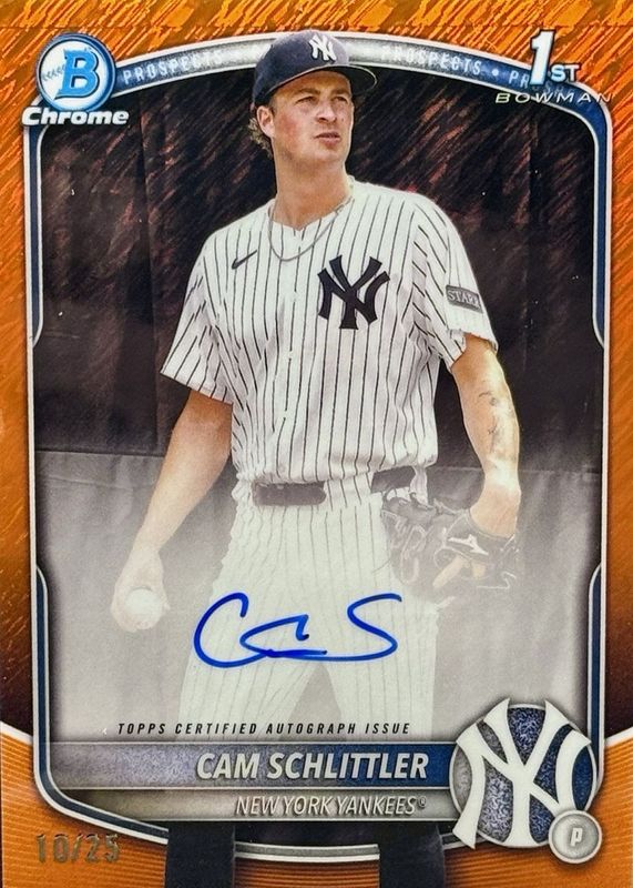 Cam Schlittler 2025 Bowman Chrome #CPA-CSC Prospect Auto - Orange Shimmer Refractor /25 (1st) RAW