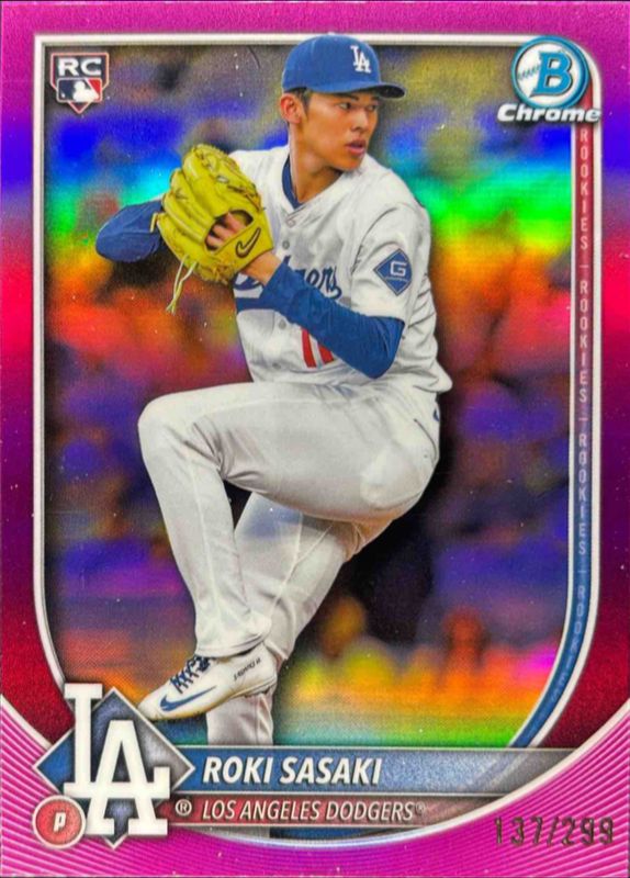 Roki Sasaki 2025 Bowman Chrome #12 Fuchsia Refractor /299 Rookie RAW