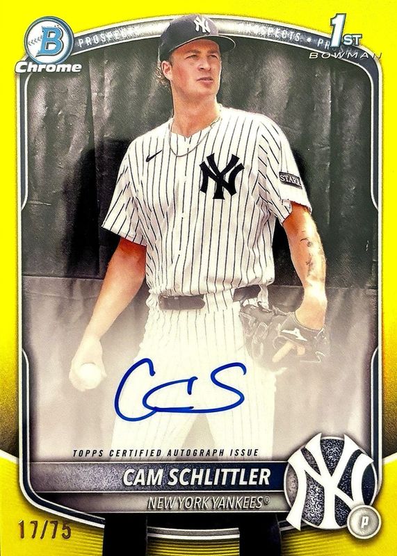 Cam Schlittler 2025 Bowman Chrome #CPA-CSC Prospect Auto - Yellow Refractor /75 (1st) RAW