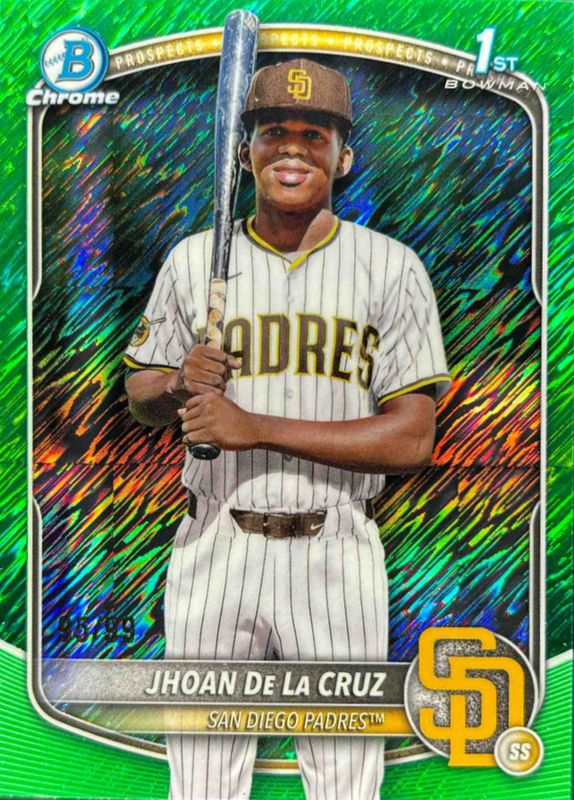 Jhoan De La Cruz 2025 Bowman Chrome #BCP-223 Chrome Prospects - Green Shimmer Refractor /99 RAW