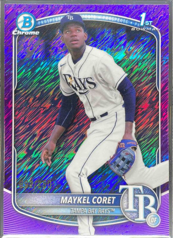 Maykel Coret 2025 Bowman Chrome #BCP-240 Chrome Prospects - Purple Shimmer Refractor /25 RAW