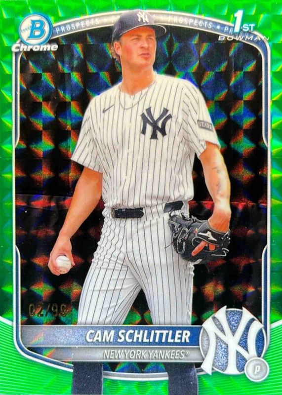 Cam Schlittler 2025 Bowman Chrome #BCP-166 Prospects - Green Geometric Refractor /99 (1st) RAW