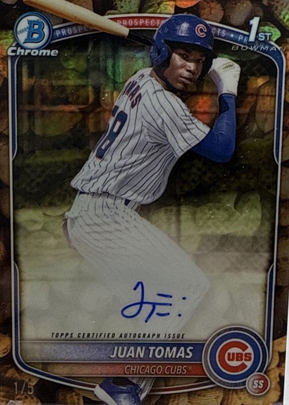 Juan Tomas 2025 Bowman Chrome #CPA-JT Prospect Auto - Peanuts Refractor /5 (1st) RAW