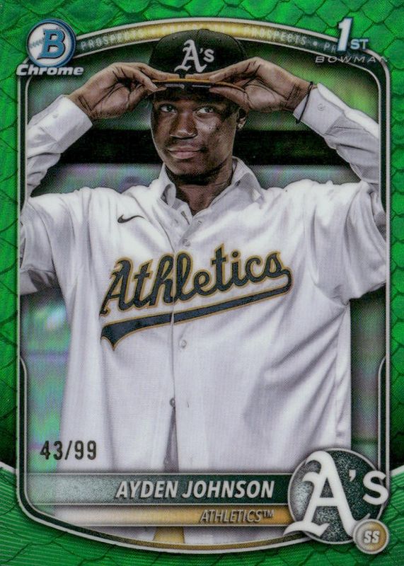 Ayden Johnson 2025 Bowman Chrome #BCP-197 Prospects - Reptilian Green Refractor /99 (1st) RAW
