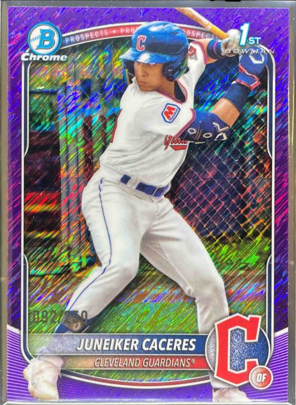 Juneiker Caceres 2025 Bowman Chrome #BCP-231 Chrome Prospects - Purple Shimmer Refractor /25 RAW