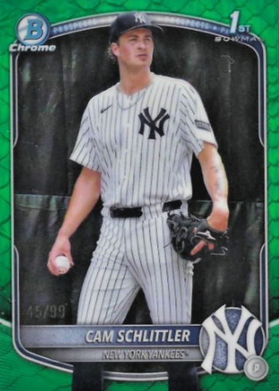 Cam Schlittler 2025 Bowman Chrome #BCP-166 Prospects - Reptilian Green Refractor /99 (1st) RAW