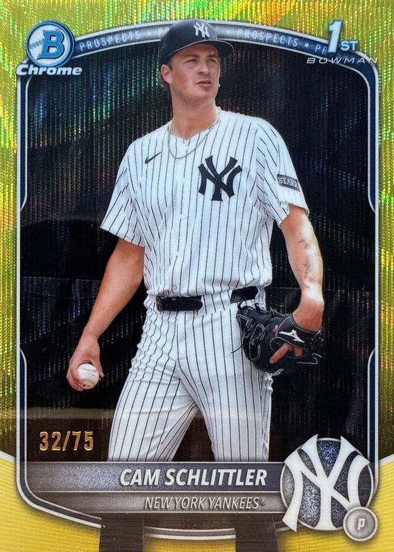 Cam Schlittler 2025 Bowman Chrome #BCP-166 Prospects - Yellow Wave Refractor /75 (1st) RAW