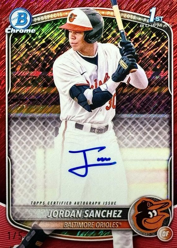 Jordan Sanchez 2025 Bowman Chrome #CPA-JOS Prospect Auto - Red Shimmer Refractor /5 (1st) RAW