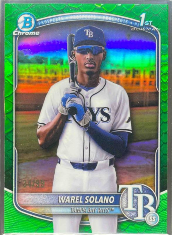 Warel Solano 2025 Bowman Chrome #BCP-225 Chrome Prospects - Reptilian Green Refractor /5 RAW