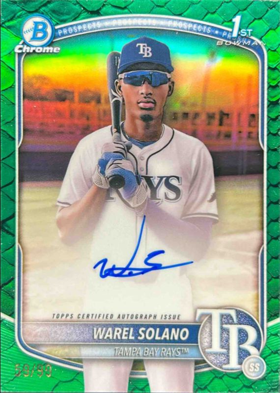 Warel Solano 2025 Bowman Chrome #CPA-WS Chrome Prospect Autographs - Reptilian Green Refractor /99 RAW