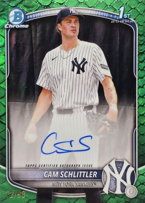 Cam Schlittler 2025 Bowman Chrome #CPA-CSC Prospect Auto - Reptilian Green Refractor /99 (1st) RAW