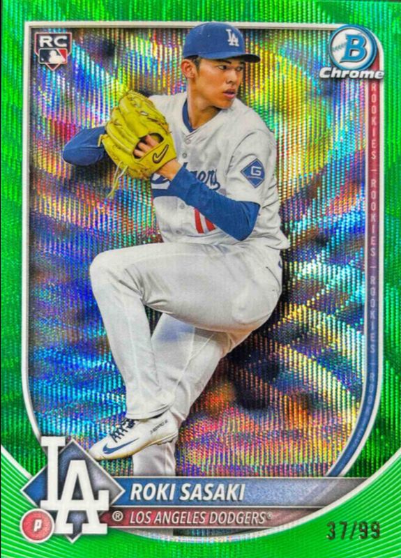 Roki Sasaki 2025 Bowman Chrome #12 Green Wave Refractor /99 Rookie RAW