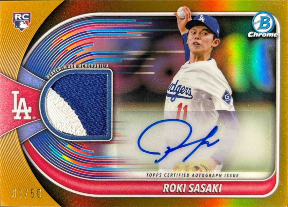 Roki Sasaki 2025 Bowman Chrome #BCAR-RS Chrome Autographs Relic - Gold Refractor /50 Rookie RAW