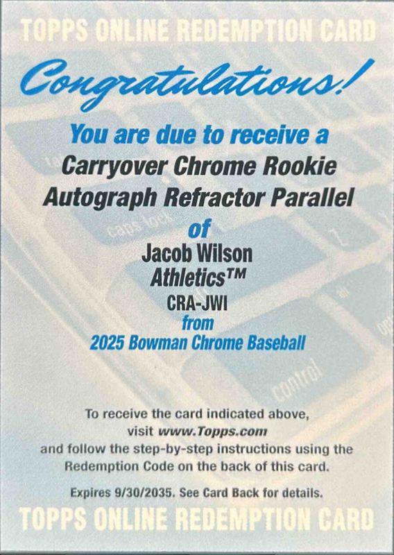 Jacob Wilson 2025 Bowman Chrome #CRA-JWI Chrome Rookie Autographs - Refractor /499 RAW